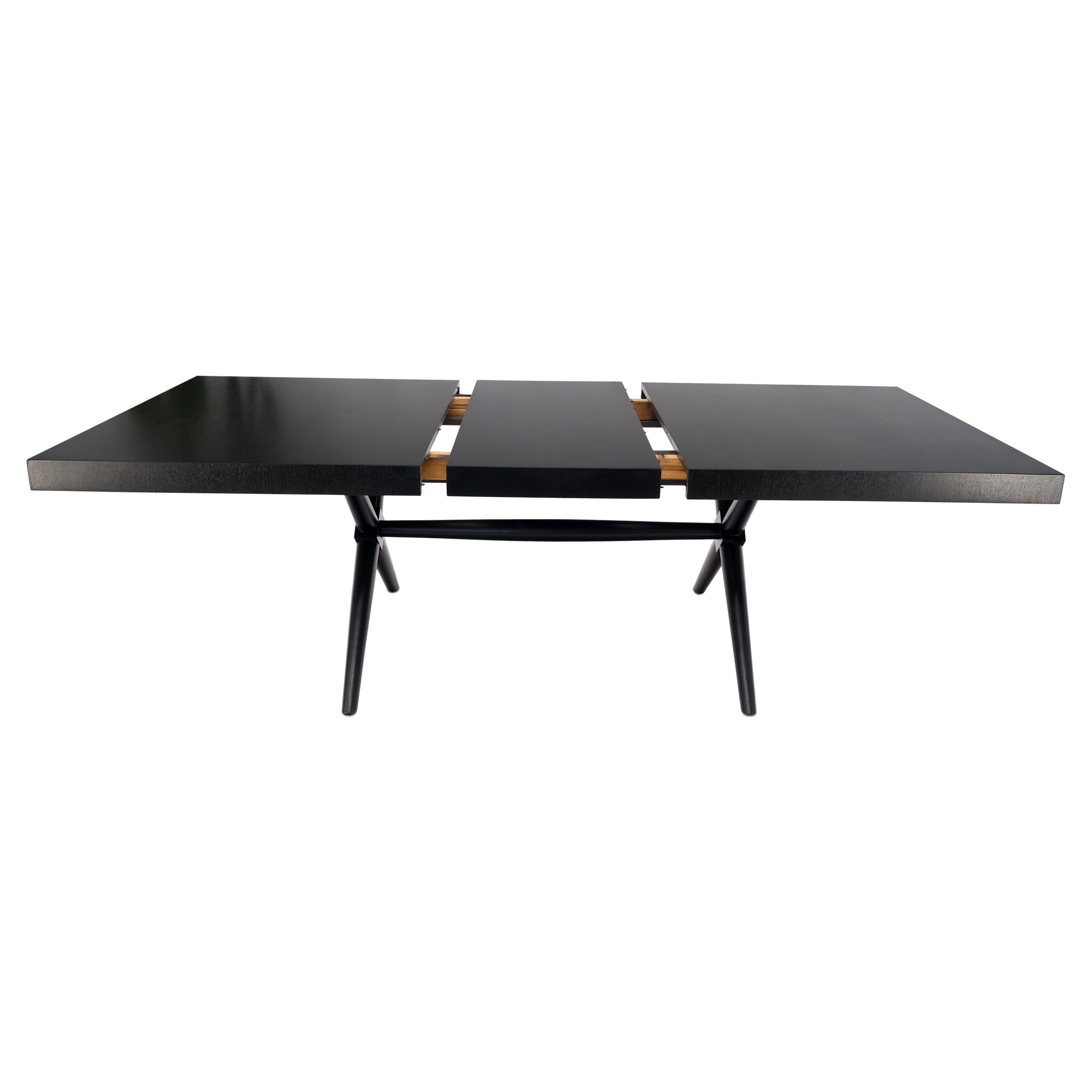 Table à manger à tréteaux Gibbings en laque noire à une feuille et base en X par Widdicomb Mint en vente