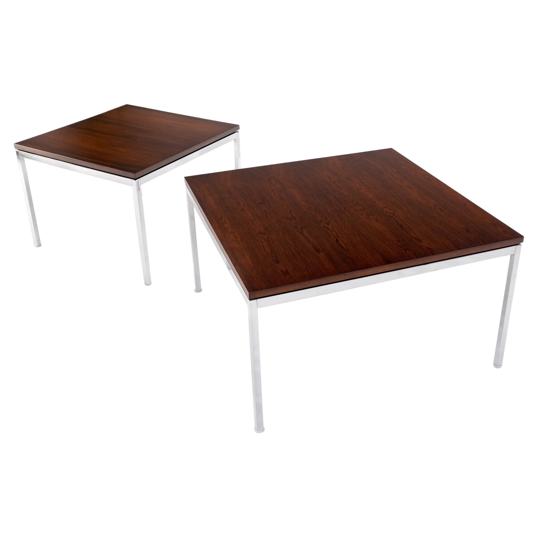 Non Matching Pair of Rosewood & Crome Square Knoll Side End Tables Stands Mint For Sale