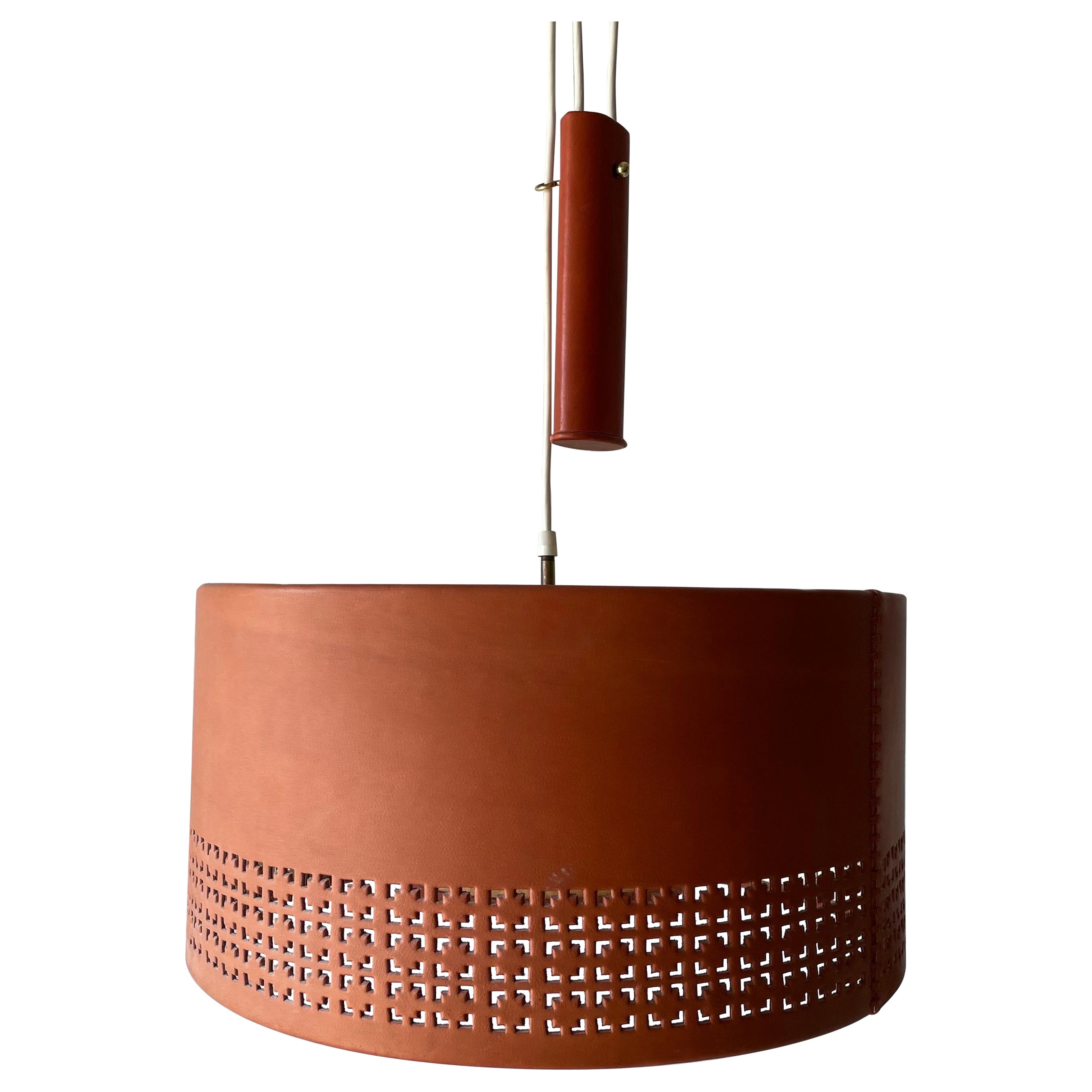 Cylindrical Leather Shade with Motifs Counterweight Pendant Lamp, 1960s, Germany