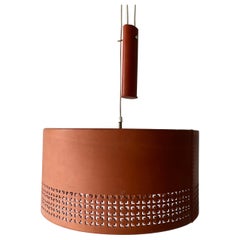 Retro Cylindrical Leather Shade with Motifs Counterweight Pendant Lamp, 1960s, Germany