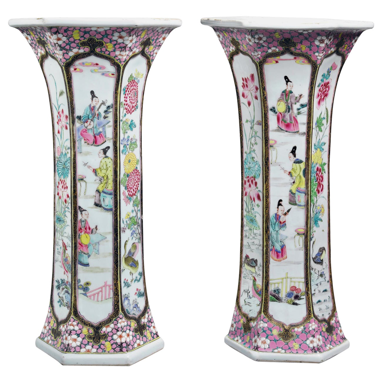 Chinese Export Porcelain Famille Rose Tall Beaker Vases
