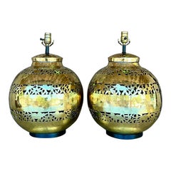 Vintage Boho Punch Cut Boho Brass Globe Lamps, a Pair