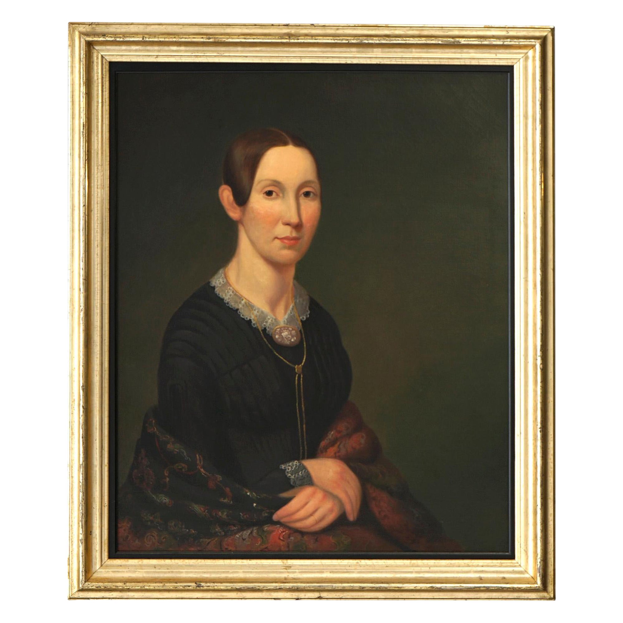 Large Antique Portrait Painting of a Woman in Giltwood Frame, circa 1840