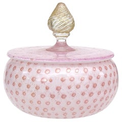 Murano Light Pink White Bubbles Gold Flecks Italian Art Glass Vanity Powder Box