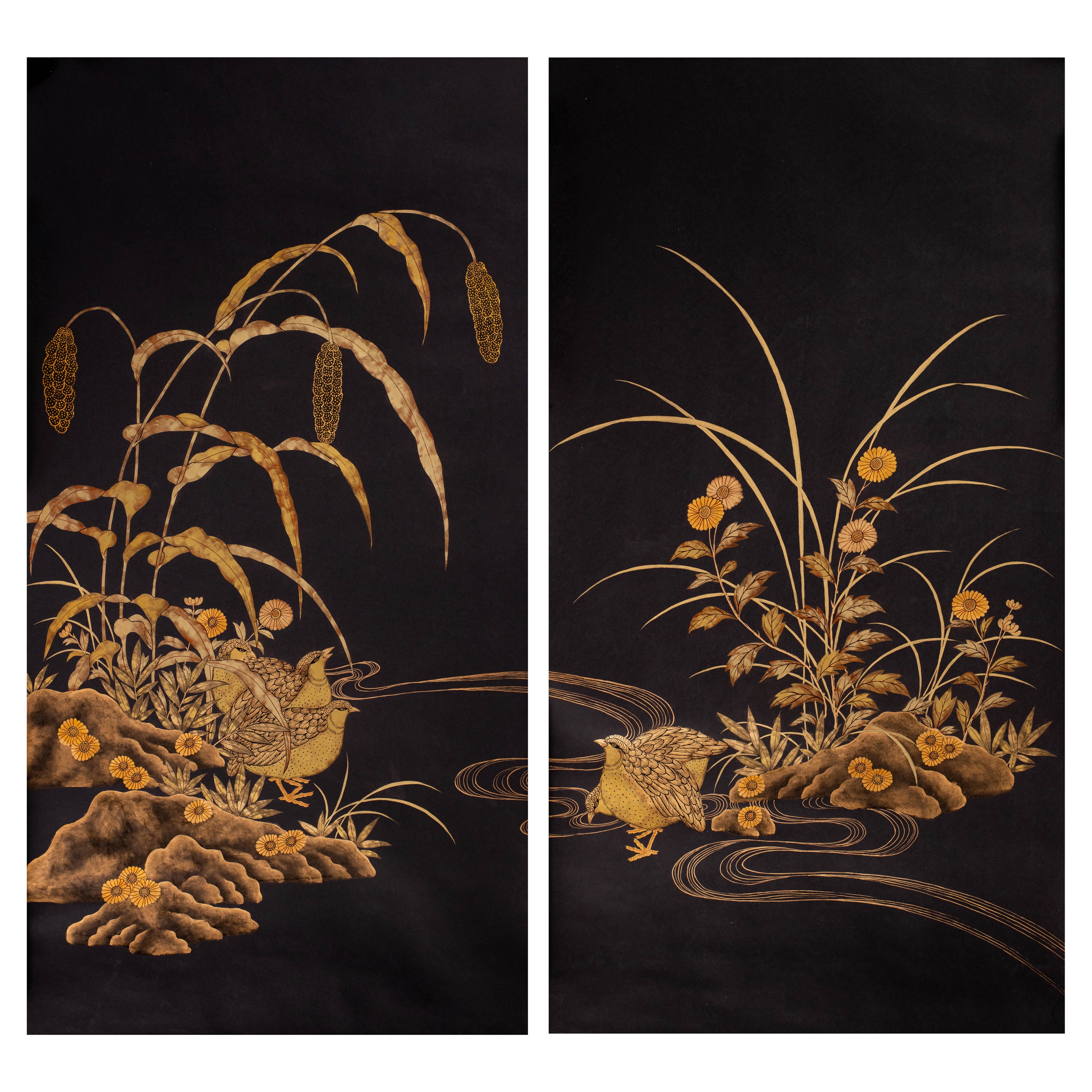 Paire de panneaux de papier peints à la main de style chinoiseries - Golden Grouse in Grasses 