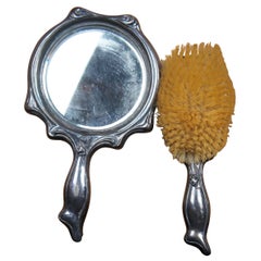 Antique Art Nouveau Silver Plate Hand Mirror & Brush Figural Repousse Vanity