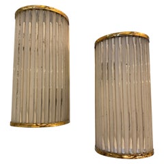 1970s Set of Two Mid-Century Modern Brass and Glass Italian Wall Sconces