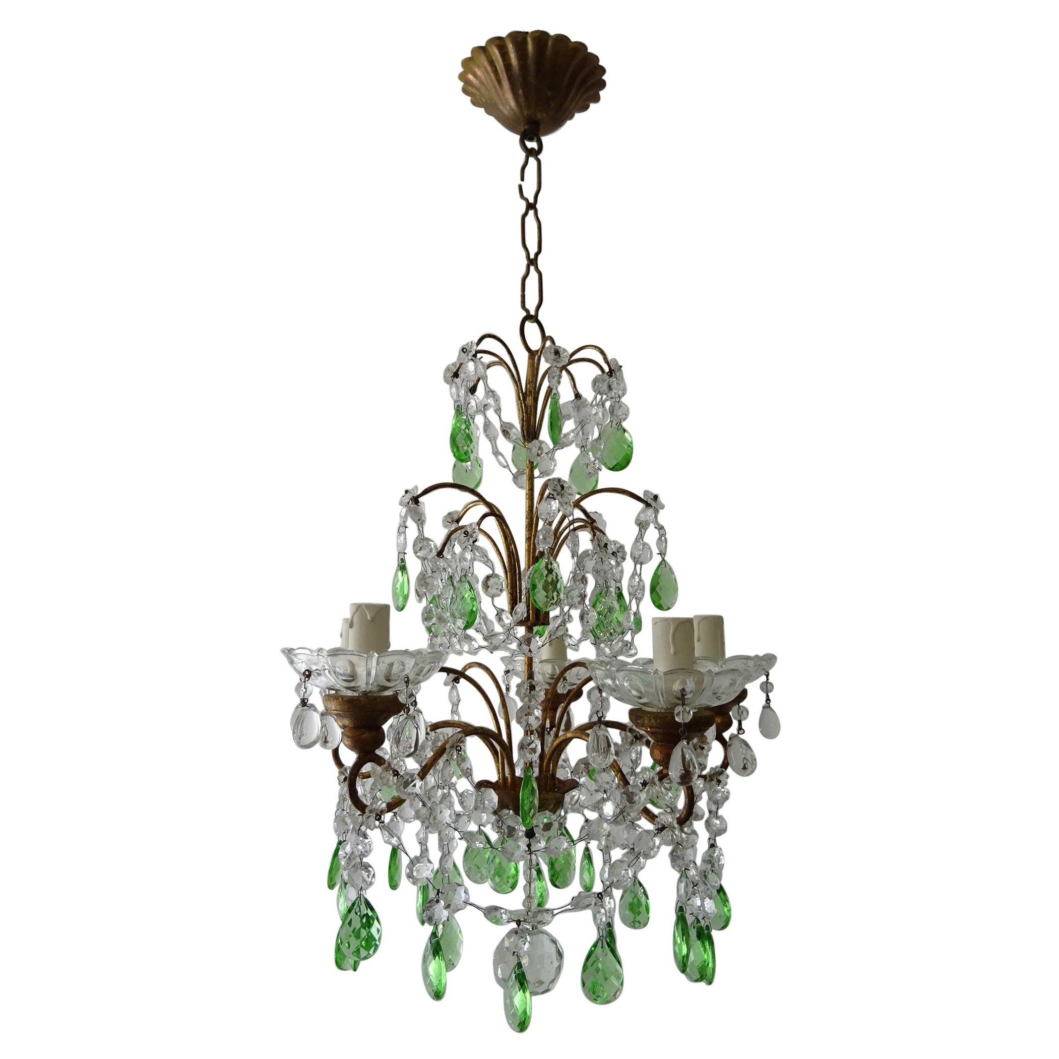 Lustre italien à 4 niveaux en cristal vert prismé et en bois doré, circa 1900