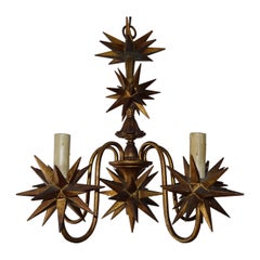 Mid-Century Italian Gold Wood Stars Chandelier, c 1950