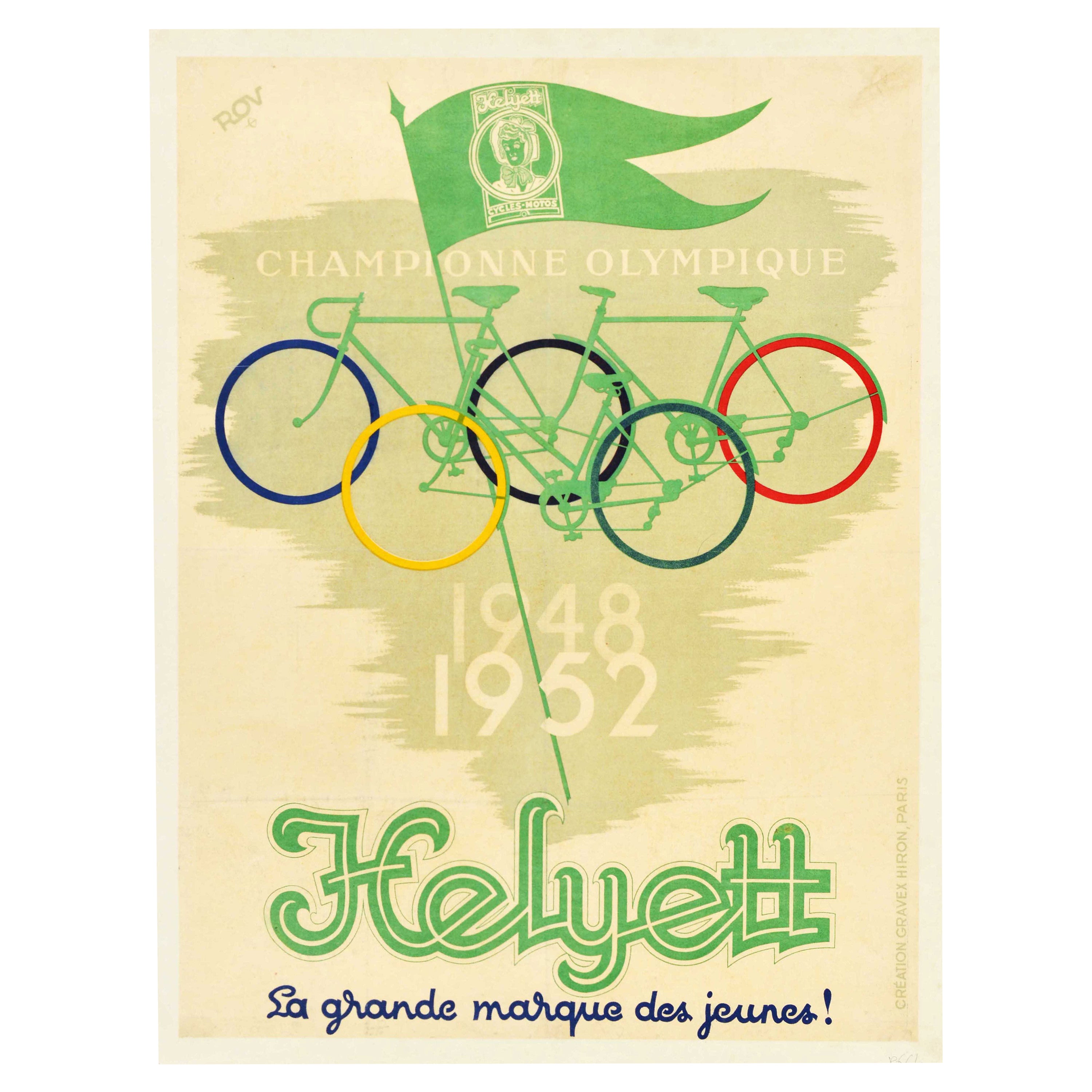 Affiche vintage d'origine Cycles Helyett championnat olympique, Art publicitaire de vélo