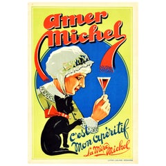 Original Antique Drink Poster For Amer Michel C'Est Mon Aperitif Black Cat Art