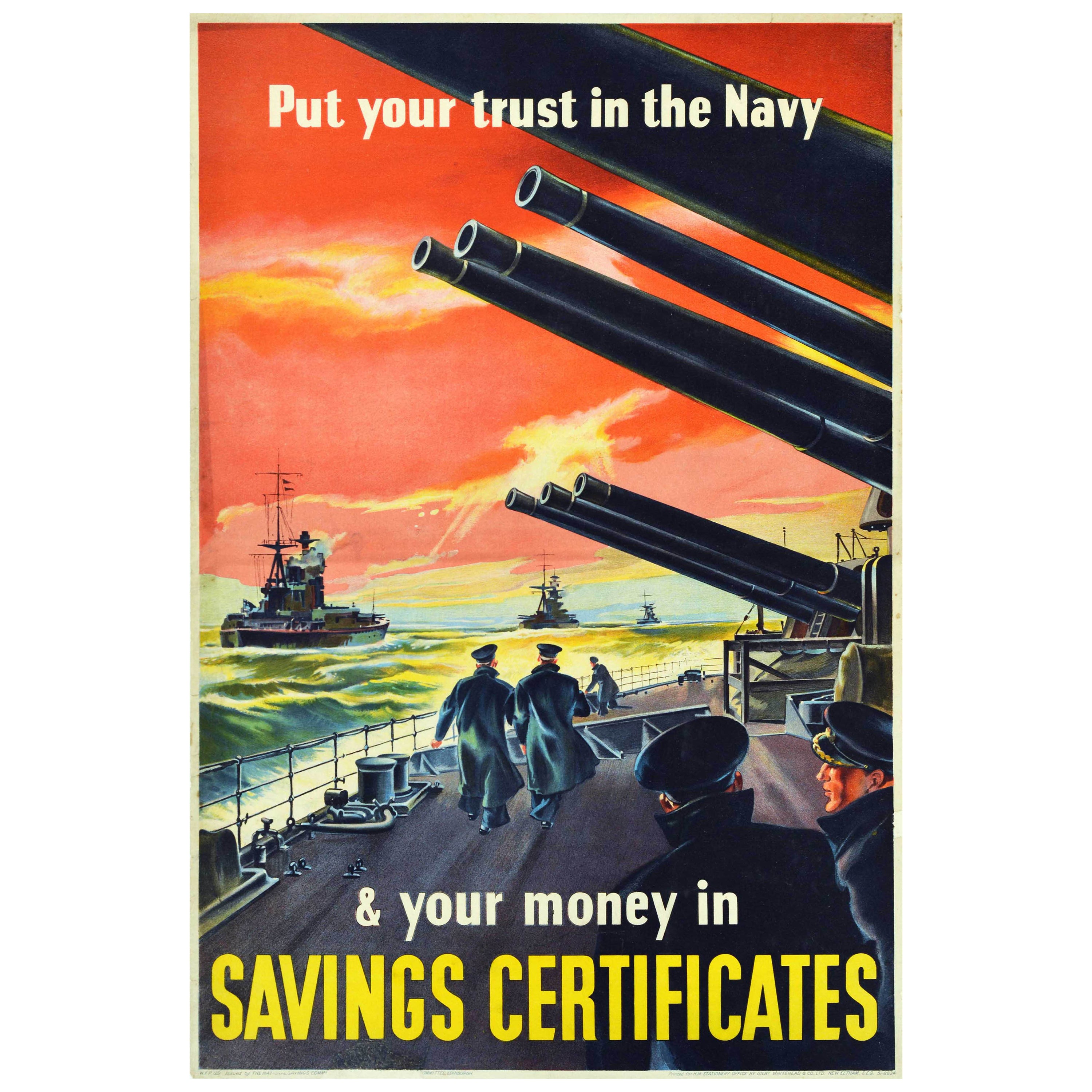 Original Vintage WWII Poster For Savings Certificates Royal Navy War Ship Design For Sale