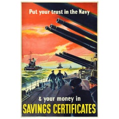 Original Vintage WWII Poster For Savings Certificates Royal Navy War Ship Design