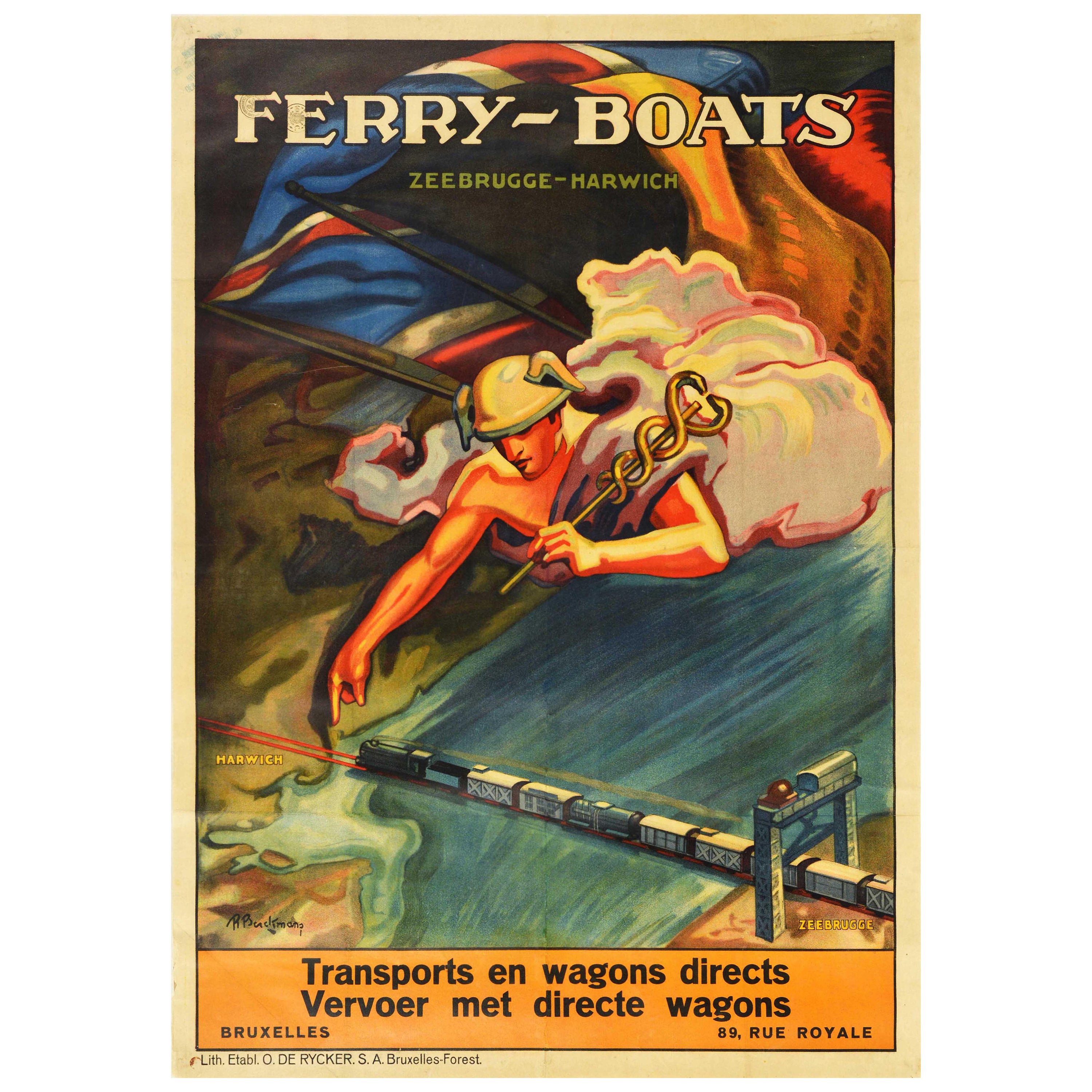 Affiche rétro originale, Voitures de ferry, Zeebrugge, Harwich, Chemin de fer, Transport