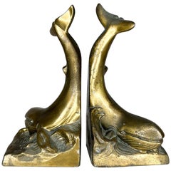 Vintage 1980s Modern Sculptural Golden Whale Bookends in Patinated Brass