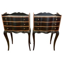 Pair of French Hand Painted Black and Gold Three Drawer End Tables Night Stands
