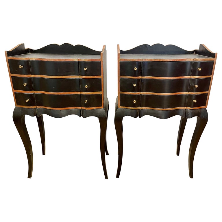 Pair of French Hand Painted Black and Gold Three Drawer End Tables Night Stands For Sale