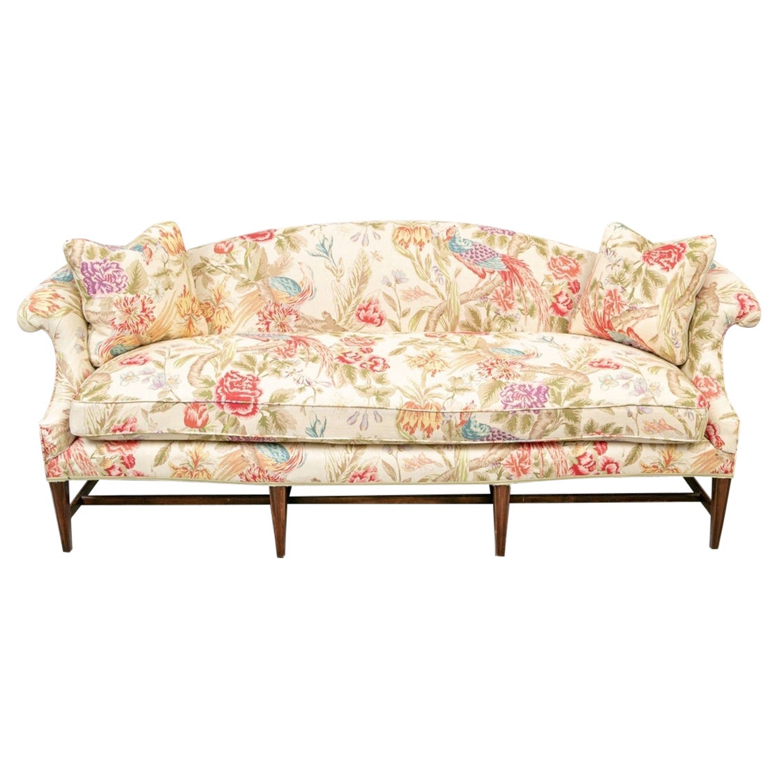 Fine Floral Custom Upholstered Camel Back Sofa For Sale