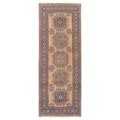 Vintage Turkish Handmade Tribal Motif Tan & Blue Wool Runner