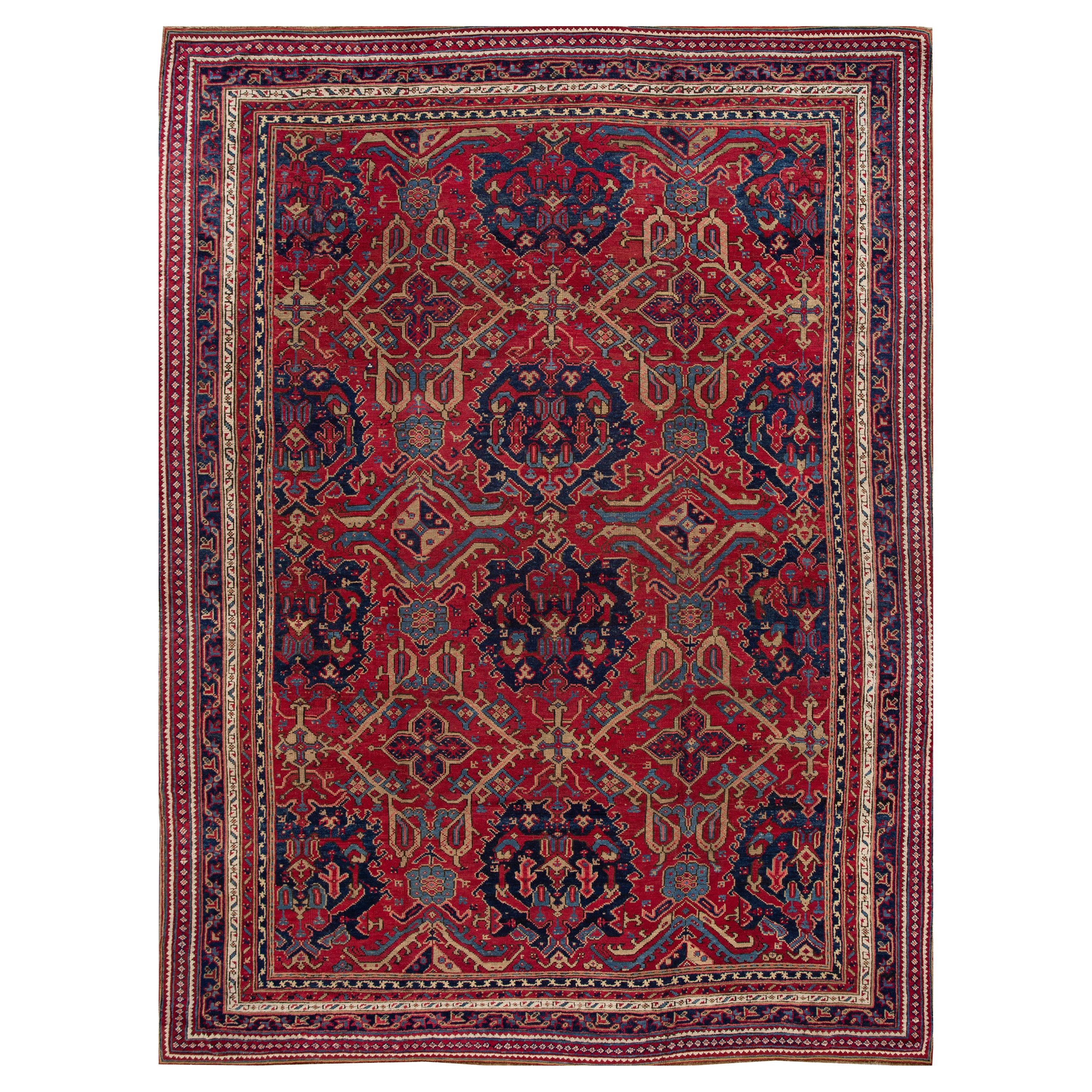 Tapis en laine rouge antique turc Oushak fait à la main, entièrement conçu à la main