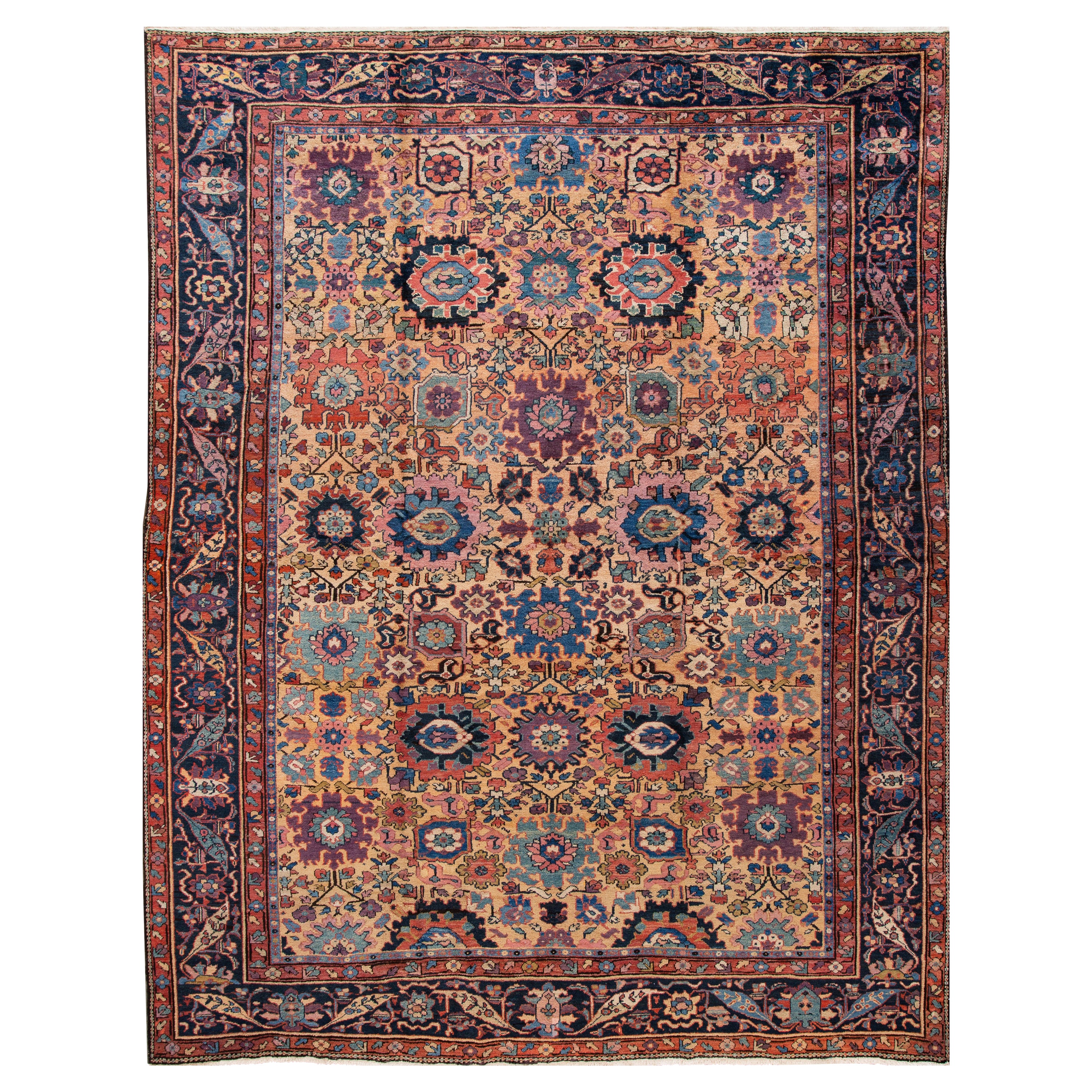 Antique Mahal Handmade Tan Wool Rug With Multicolor Floral Design For Sale