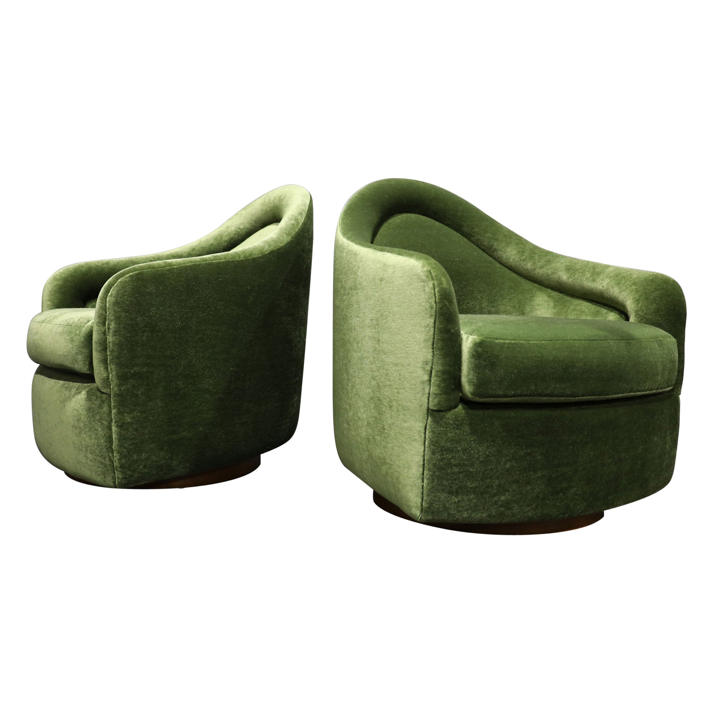 Milo Baughman Rocking Swivel Lounge Chairs in Green Mohair