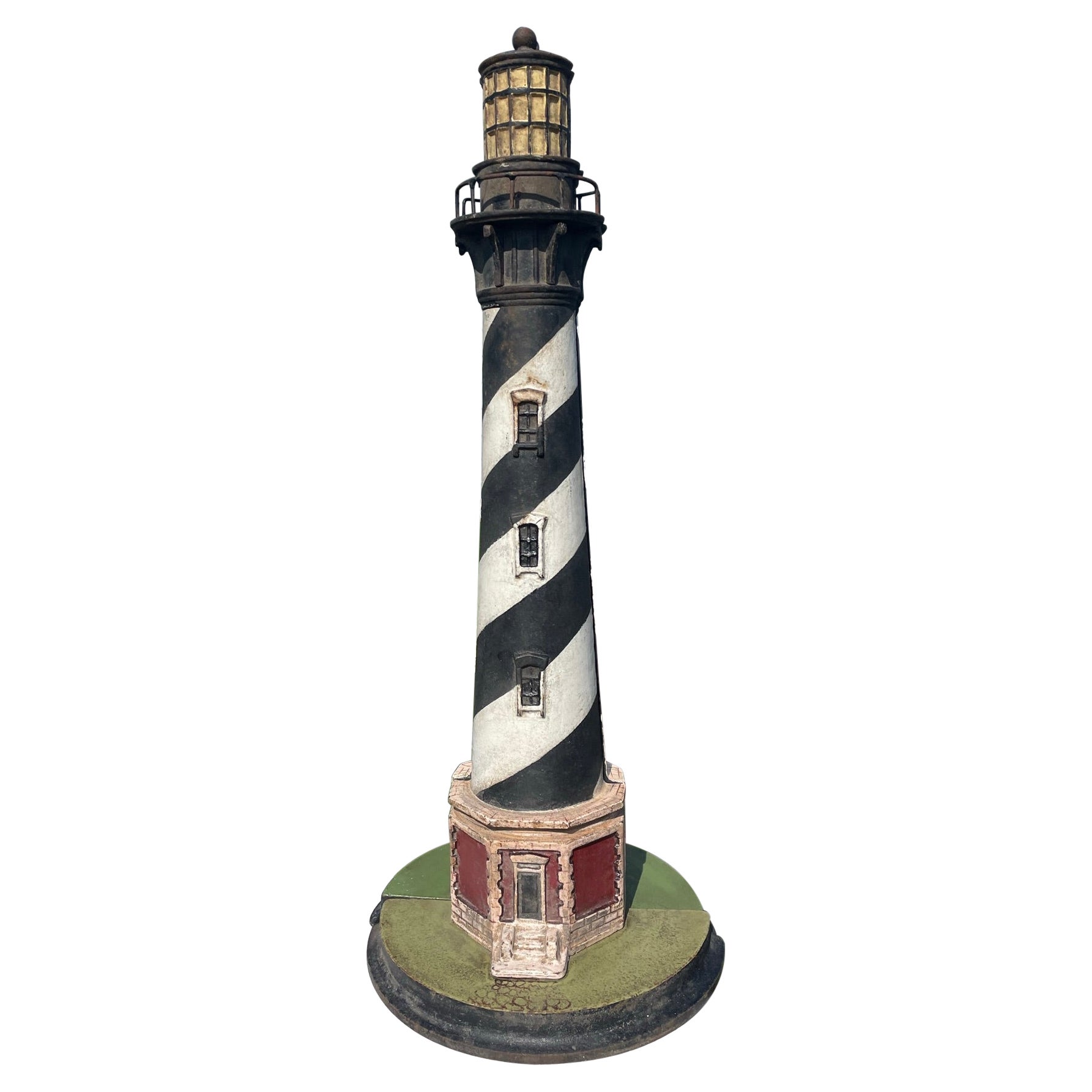 Rare Pair Old "Cape Hattaras" Lighthouse Sculptures In Vibrant Original Colors For Sale