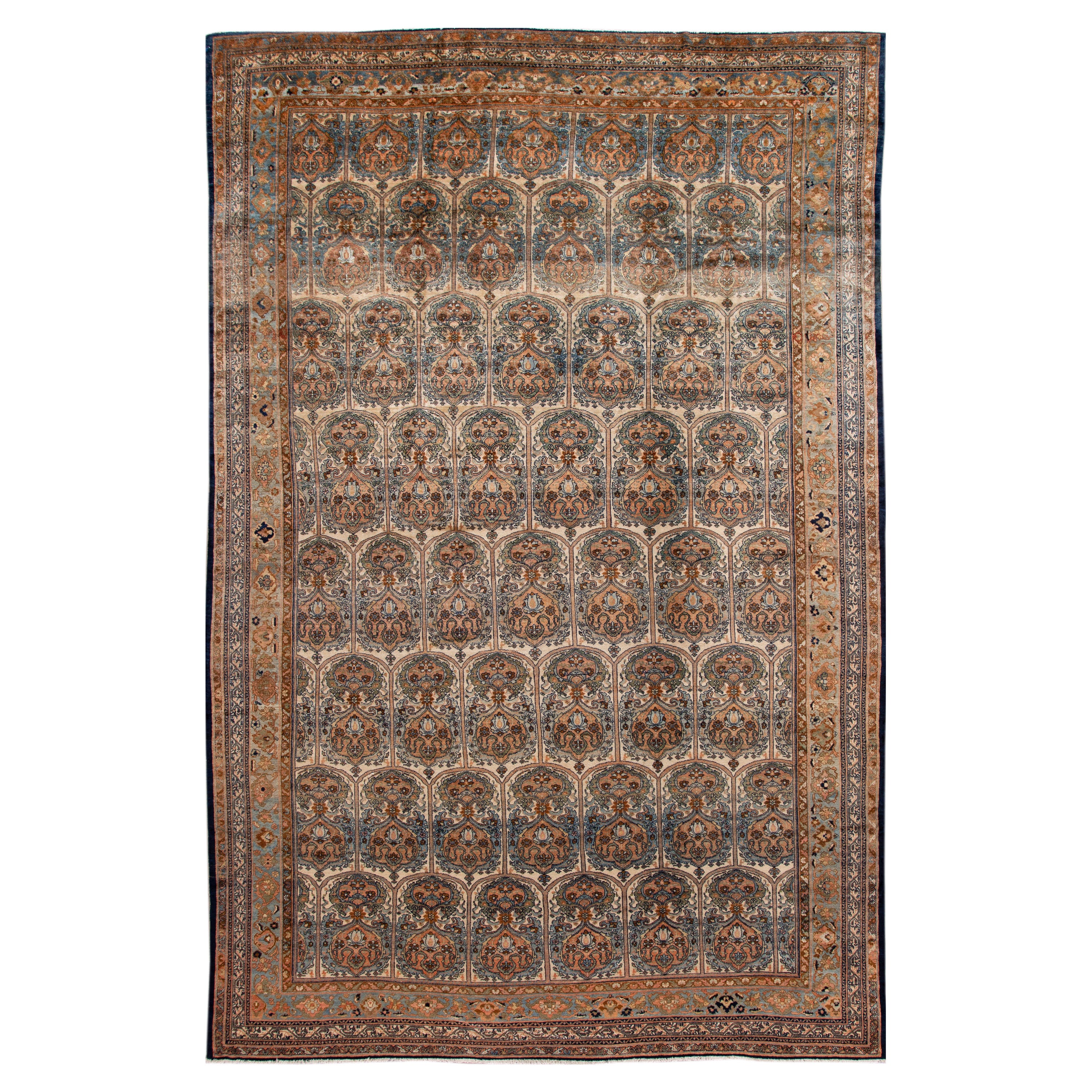 Antique Bibikabad Beige Handmade Persian Wool Rug with Allover Motif For Sale