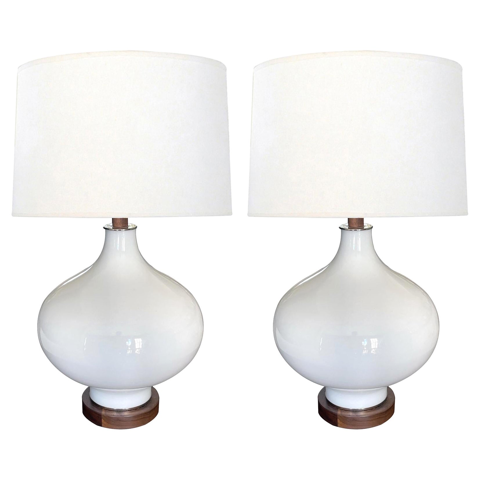 Pair of 1960's White Cased Glass Ovoid Lamps For Sale