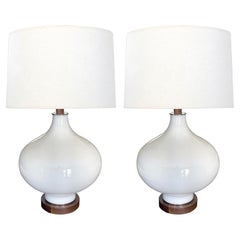 Pair of 1960's White Cased Glass Ovoid Lamps