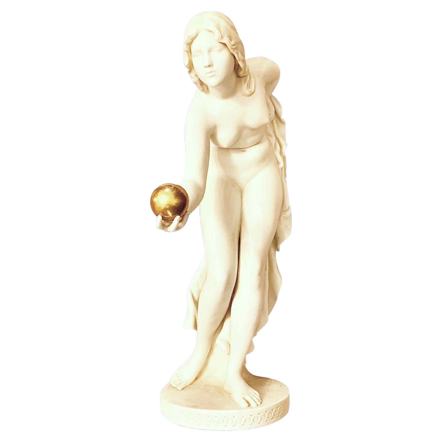 Antique Early 20th C Parian Figure, Woman with Gold Ball
