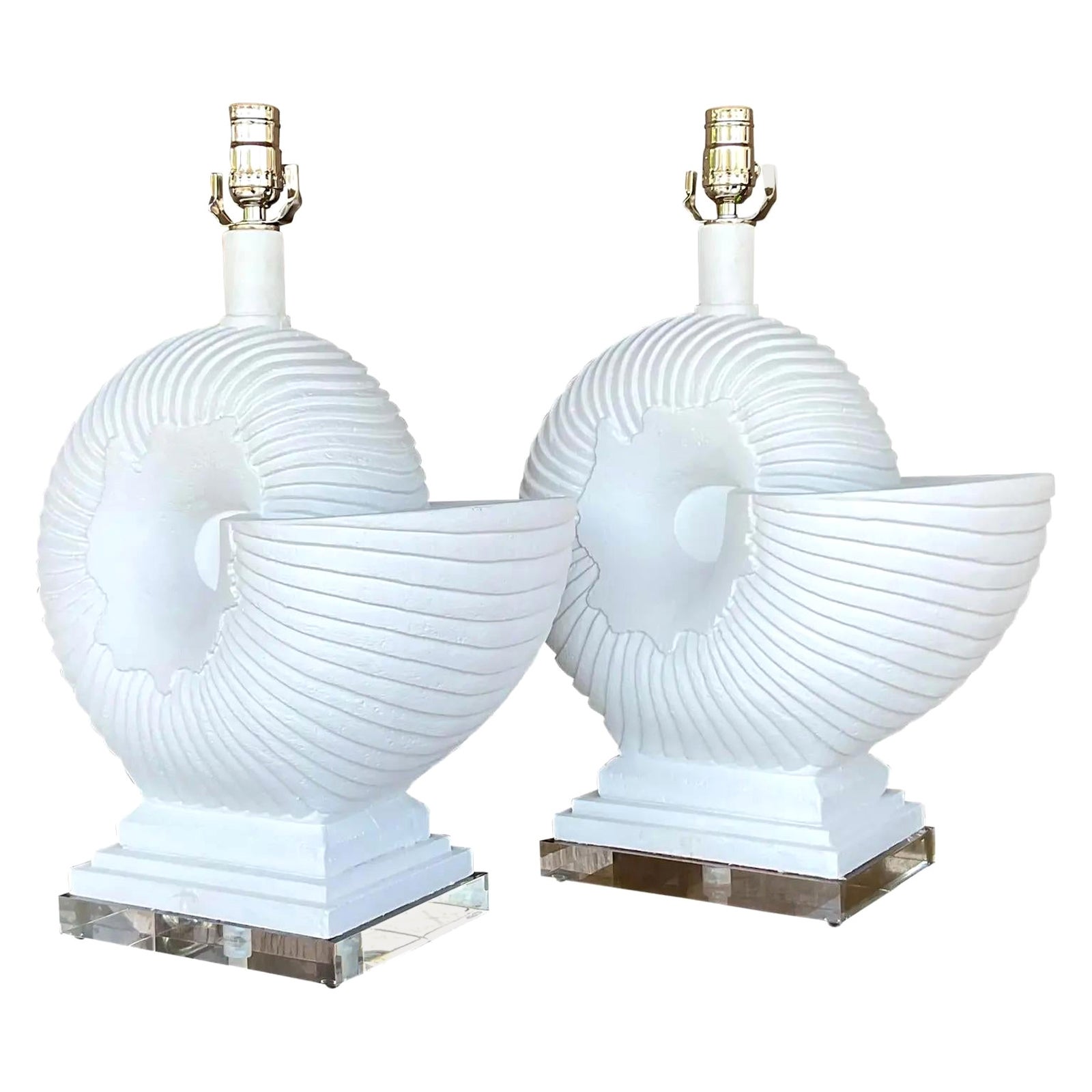 Vintage Coastal Plaster Nautilus Shell Lamps - a Pair For Sale