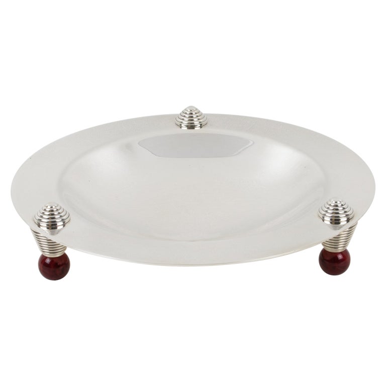 Puiforcat France Art Deco Silver Plate Bowl Centerpiece with Red Agate  Enamel For Sale at 1stDibs