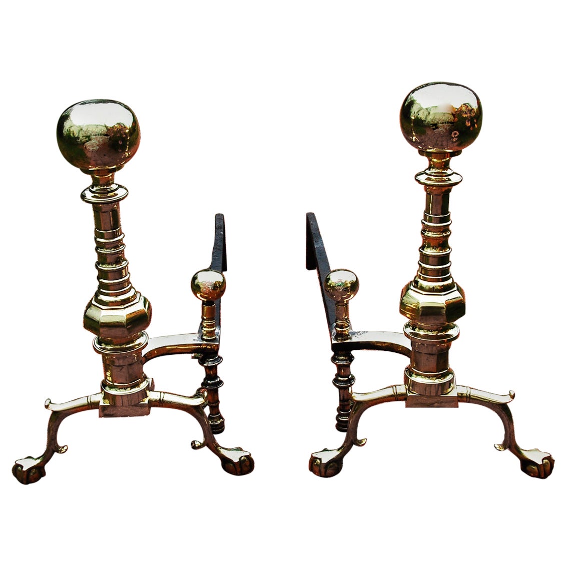 American Mid 19th Century Cast Brass Ball and Beehive Andirons
