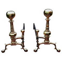 American Mid 19th Century Cast Brass Ball and Beehive Andirons