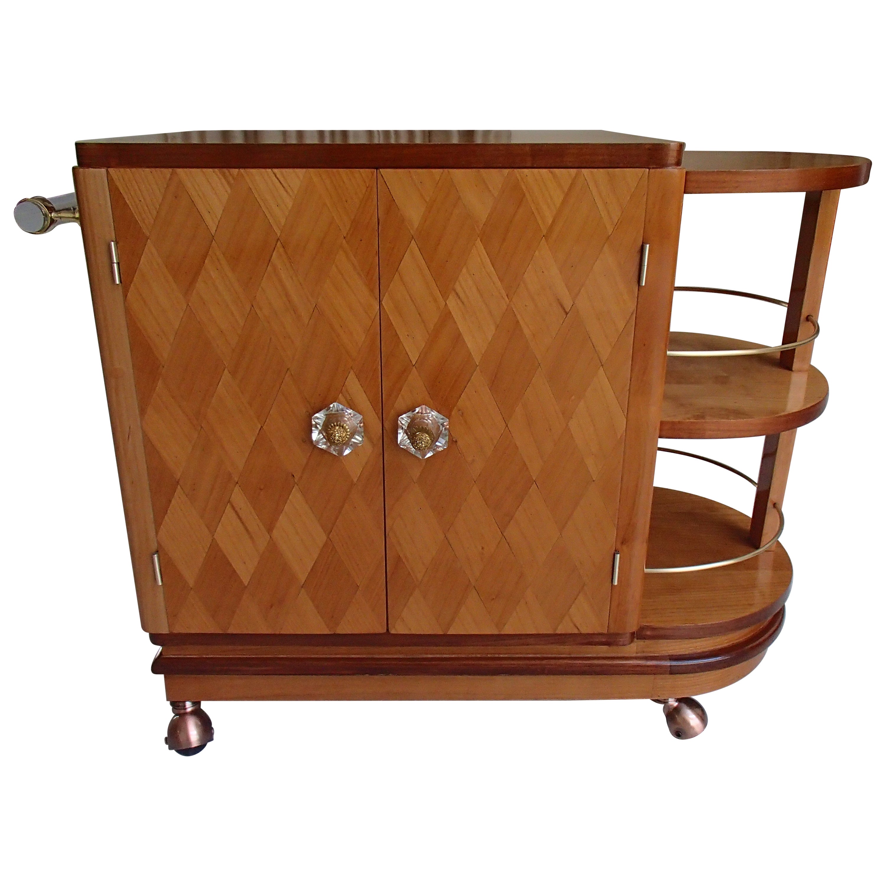 Art Deco Trolley Bar with 2 Doors and Bottle Compartment on Copper Wheels