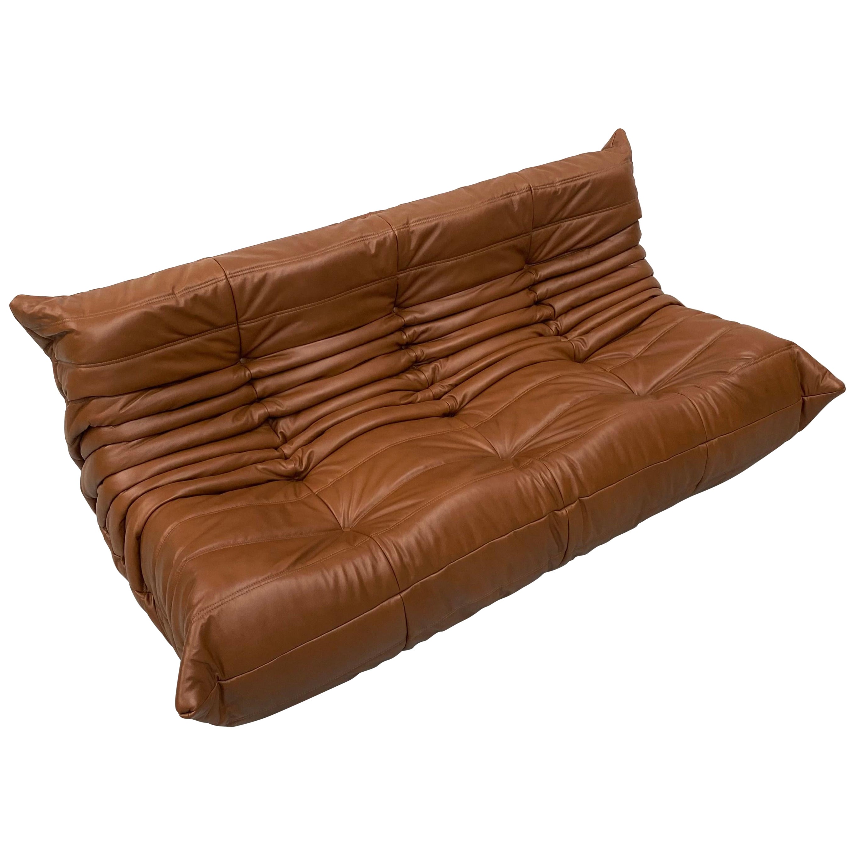 French Togo Sofa in Dark Cognac Leather by M. Ducaroy for Ligne Roset, 1970s