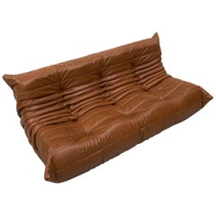 French Togo Sofa in Dark Cognac Leather by M. Ducaroy for Ligne Roset, 1970s