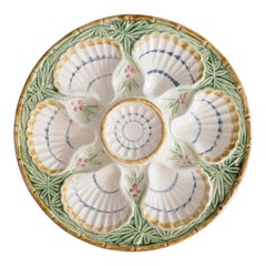 Antique French Salins Majolica Bamboo and Berries Oyster Plate, circa 1890
