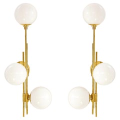 Pair of Translucent White Murano Glass Globes and Brass Sconces, Italy, 2022