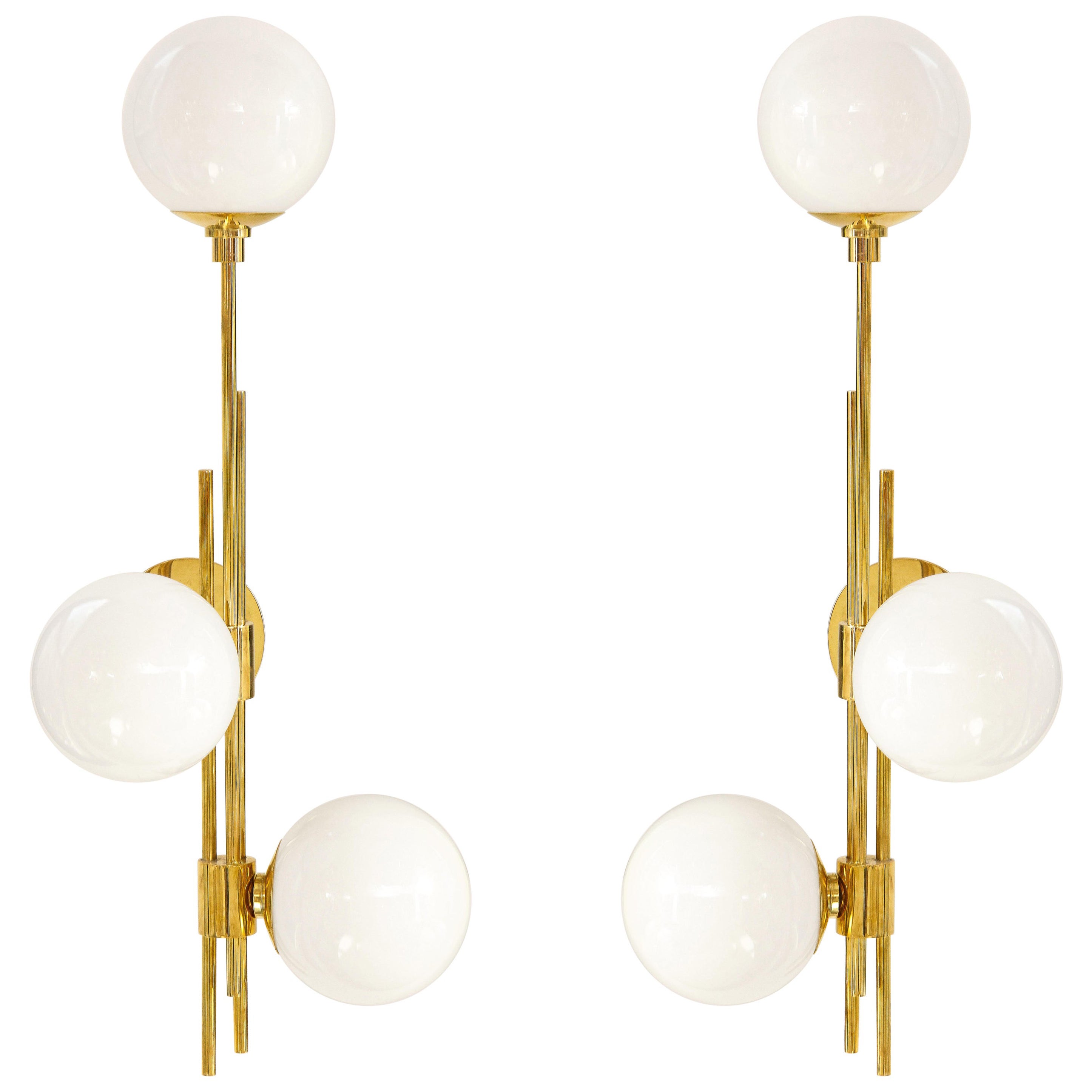 Tall Pair of Translucent White Murano Glass Globes and Brass Sconces, Italy 2022