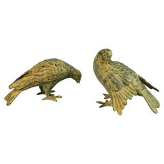 Japanese Antique Hand Cast Pair Wood Pigeons Beautiful Detail