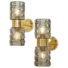 Pair of Textured Smoked Grey Taupe Murano Glass and Brass Sconces, Italy
