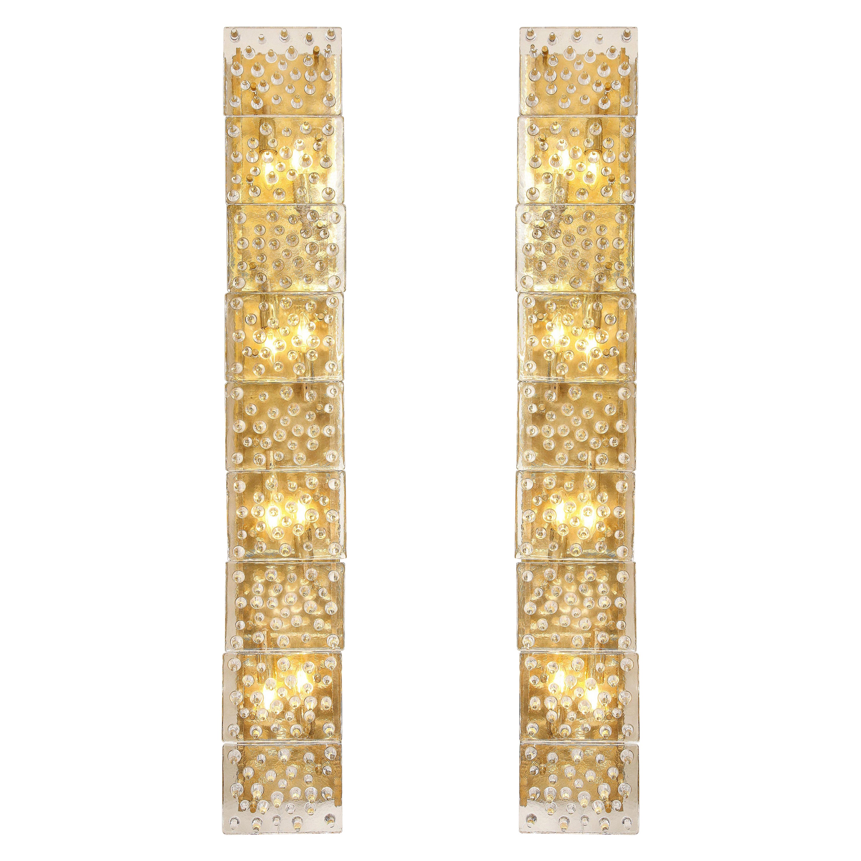 Großes Paar von Messing und klarem Murano Glas Blöcke Sconces, Italien, 54" hoch
