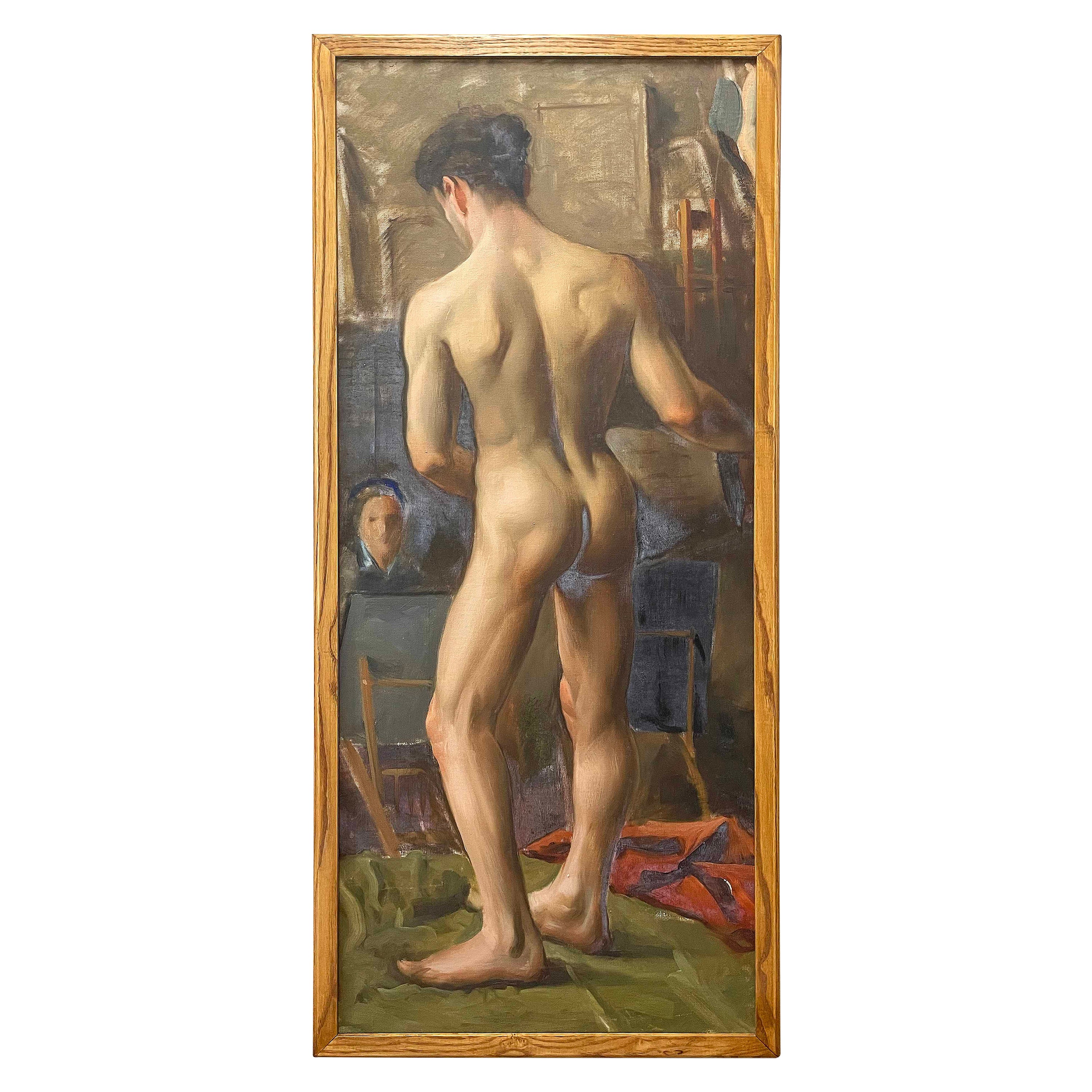 „Standing Male Model from Behind“, „ Beautiful Male Nude, Dreiviertel-Größe, männliches Modell von hinten, „