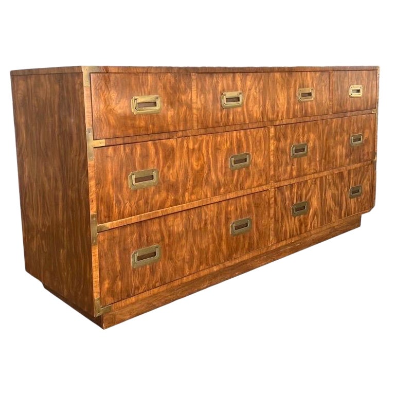 Vintage Drexel Campaign 7 Drawer Dresser Cabinet Storage with Burl Veneer