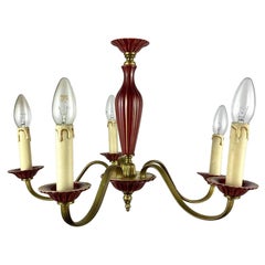 Gilded Brass & Burgundy Ceramics Vintage Chandelier