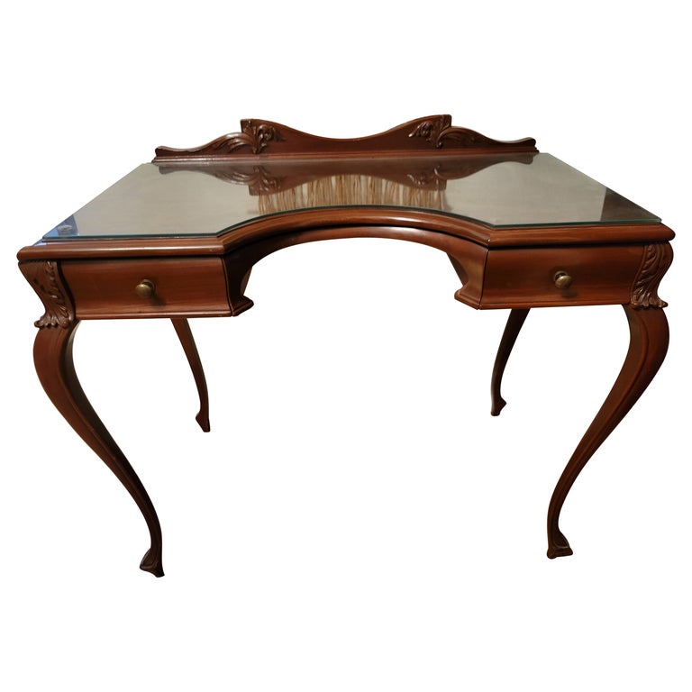 Antique French Writing Desk with Custom Glass and Two Drawers at