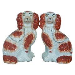 2 Antique English Staffordshire Porcelain King Charles Spaniels Figurines