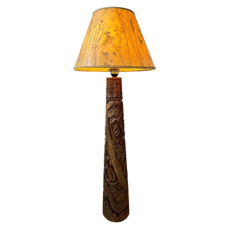Vintage Indonesian Hand Carved Wooden Floor Lamp